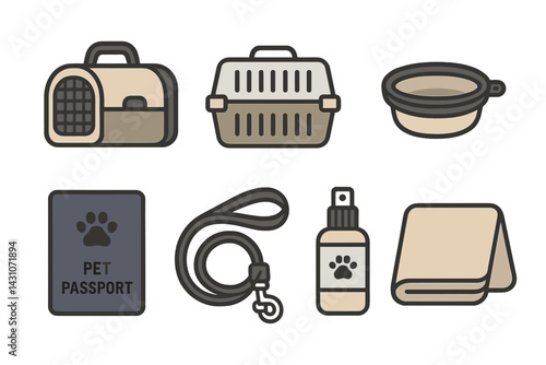 Pet travel essential icons featuring pet carrier and travel crate