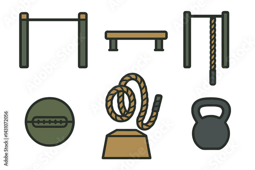 Outdoor fitness equipment icons featuring pull-up bar and balance beam