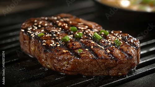 Succulent steak grilling on a hot barbecue with unique ginger sesame dressing infusing flavor and aroma
