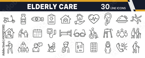 Elderly Care and Senior Services Icons – Retirement, Healthcare, and Daily Assistance Line Icon Set