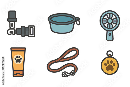 Pet travel accessory icons featuring pet seatbelt and travel bowl