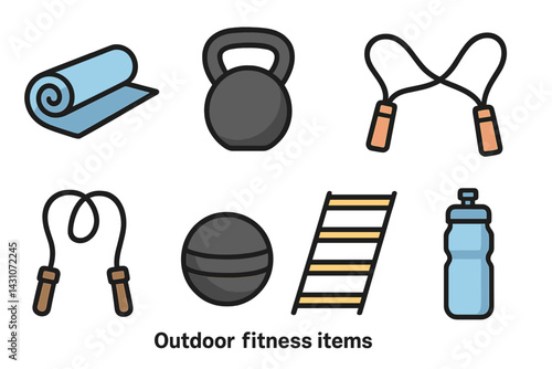 Outdoor fitness icons featuring yoga mat and kettlebell