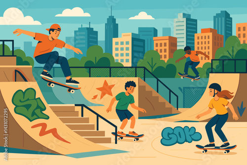 Skatepark scene with skaters, ramps, graffiti, and city buildings