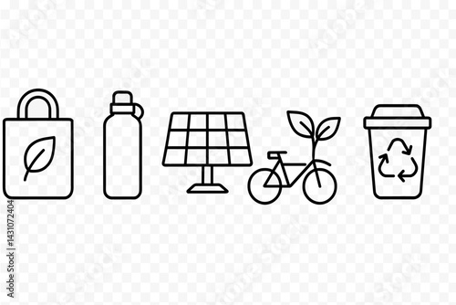 Eco-friendly icons featuring reusable bag and solar panel