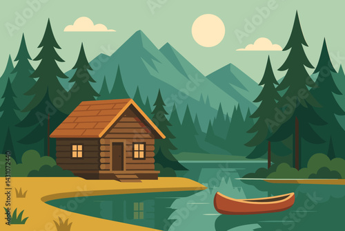 Mountain cabin scene with pine trees, a lake, and a canoe