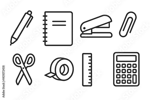 Office supply icons featuring pen, notebook, and stapler