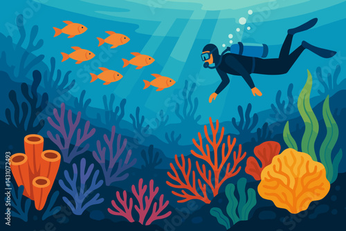 Coral reef scene with fish, corals, seaweed, and a diver
