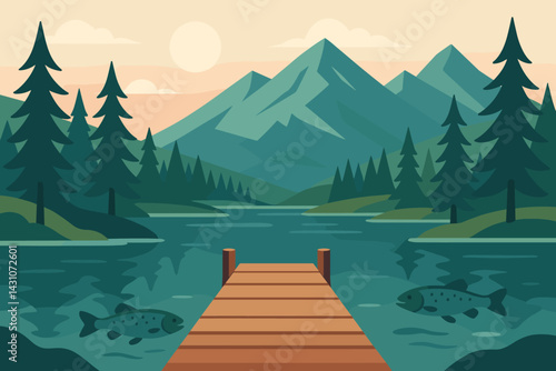 The scene depicts a tranquil mountain lake with a dock, surrounded by fish, pine trees, and majestic peaks