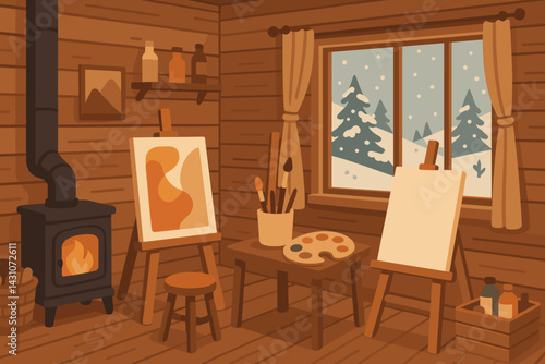 A winter art studio is depicted with easels, paints, a stove, and a snowy outdoor scene