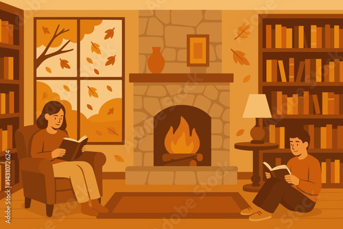 The scene is one of a library in autumn, featuring bookshelves, a fireplace, and people reading, with leaves falling outside