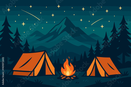 Mountain campsite scene with tents, a campfire, stars, and pine trees