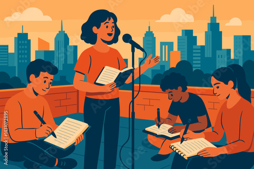 The scene is set with an urban rooftop poetry workshop featuring poets, notebooks, a microphone, and a city skyline