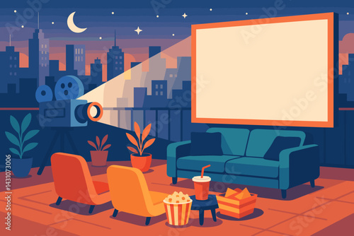 Scene of a film screening on an urban rooftop, complete with a projector, seating, snacks, and a city skyline view