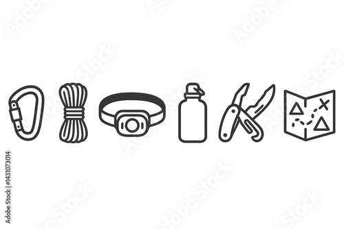 Icons of outdoor adventure tools including a carabiner and rope are featured