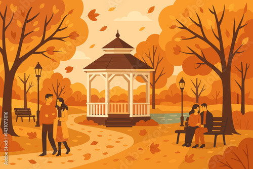 An autumnal scene unfolds in the park, where a gazebo stands, leaves have fallen, couples take leisurely walks, and a pond adds to the ambiance