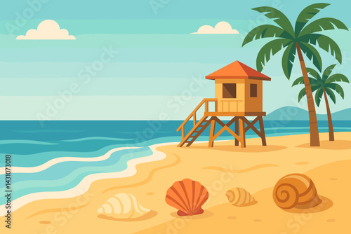A coastal beach is shown with several distinctive features such as seashells, a lifeguard tower, waves, and palm trees