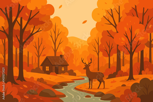 A scenic autumn forest featuring a cozy cabin, deer, a gentle stream, and vibrant trees