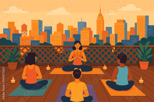 Scene of a yoga retreat on an urban rooftop featuring mats, candles, an instructor, and a city skyline