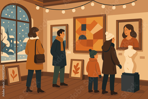 The winter art gallery is filled with an assortment of paintings and sculptures, while visitors mingle and snow falls gently outside
