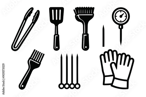 Icons of outdoor cooking tools including tongs and a spatula are featured