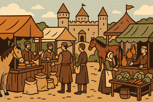 A castle overlooks a lively medieval marketplace where merchants and horses gather around multiple stalls