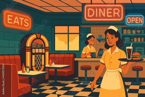 The scene is set in a retro diner with a jukebox, booths, neon signs, and waitstaff