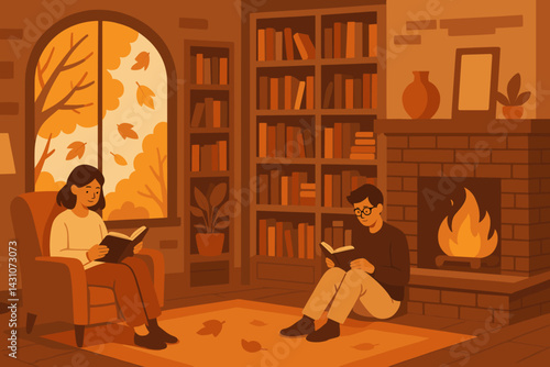 An autumnal library atmosphere is created with bookshelves, a warm fireplace, and readers, as leaves fall gently outside