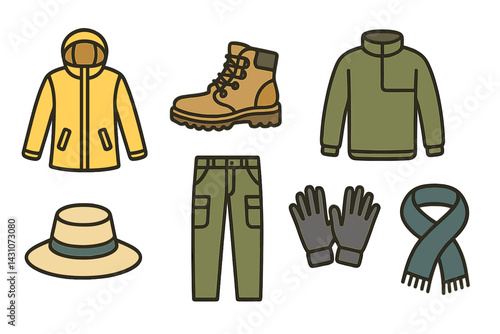 Icons of outdoor adventure clothing include a rain jacket and hiking boots