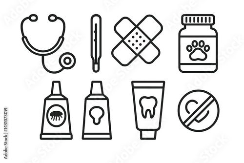Icons representing pet health include a stethoscope and thermometer