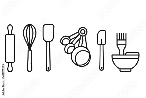 Icons of baking tools including a rolling pin and whisk are featured