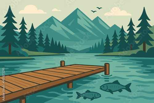 A serene lake nestled in the mountains features a dock, fish, pine trees, and surrounding peaks