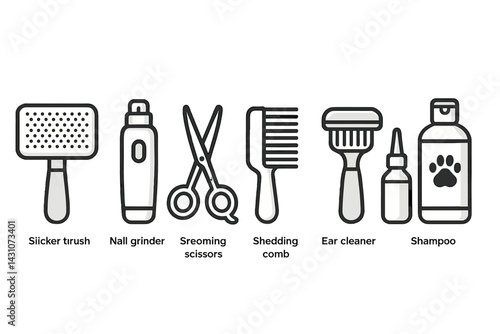 Icons of pet grooming tools include a slicker brush and a nail grinder