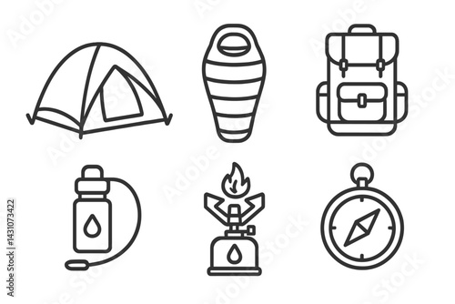 Icons of outdoor adventure gear featuring a tent and sleeping bag