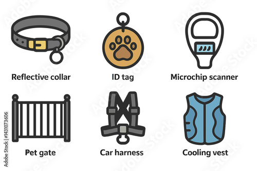 Icons for pet safety that include a reflective collar and an identification tag