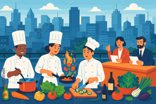 The scene is set with an urban rooftop cooking competition featuring chefs, ingredients, judges, and a city view