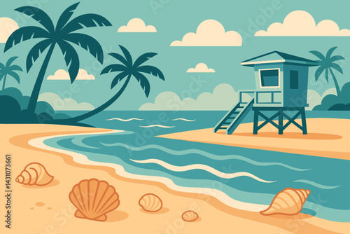 A scenic coastal beach is depicted with seashells, a lifeguard tower, waves, and palm trees
