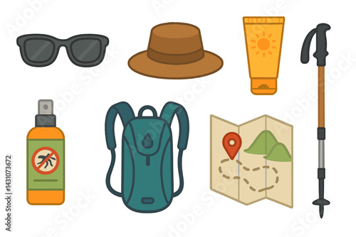 Icons of outdoor adventure accessories include sunglasses and a hat