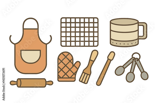 Icons of baking accessories include an apron and oven mitt