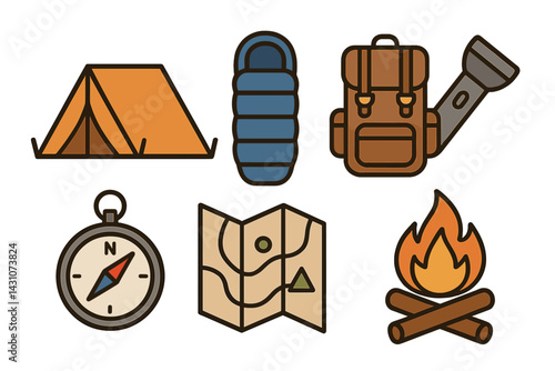 Icons for camping that include a tent and a sleeping bag