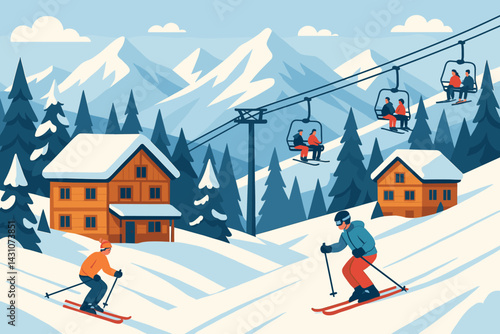 Scene at a ski resort featuring skiers, lifts, chalets, and pine trees