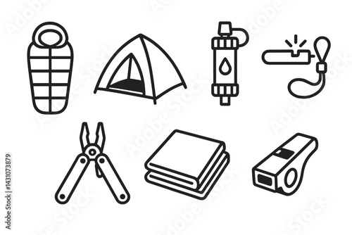 Icons of outdoor survival gear including a sleeping bag and a tent are featured