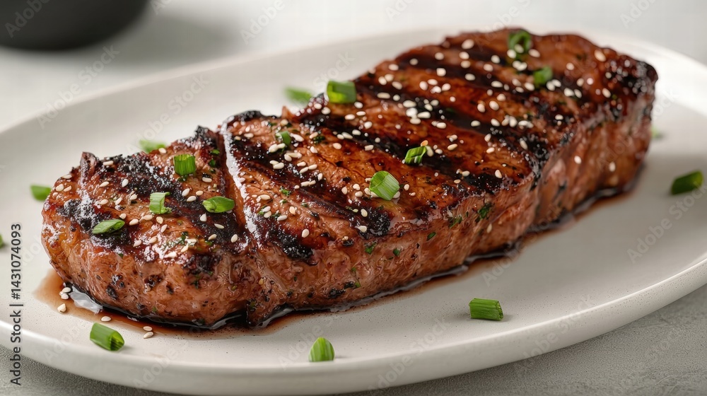 Flavorful piece of meat on a plate with miso glaze and ample copy space for text and creative presentation ideas Flavorful piece of meat on a plate with miso glaze and ample copy space for text and creative presentation ideas