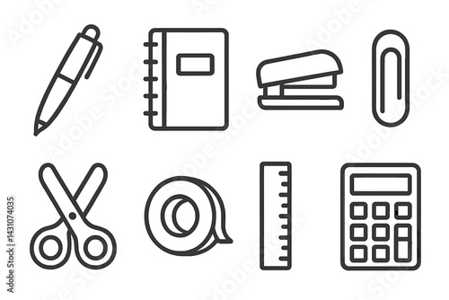 Icons of office supplies include a pen, notebook, and stapler