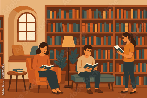 A warm and inviting library setting features bookshelves, a reading nook, a lamp, and people reading