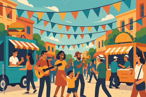 The scene at the street festival features food trucks, musicians, and vibrant banners
