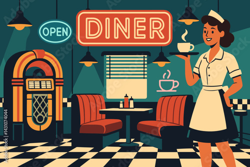 Scene of a retro diner featuring a jukebox, booths, neon signs, and waitstaff