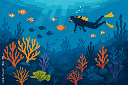 A scene of a coral reef features fish, corals, seaweed, and a diver