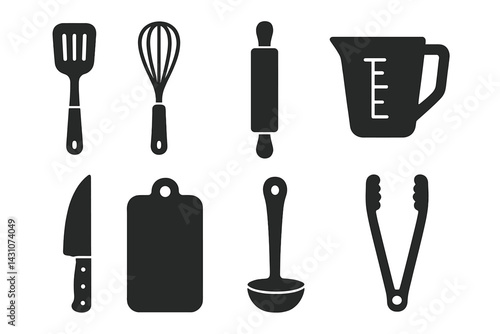 Icons of kitchen utensils including a spatula, whisk, and knife are featured