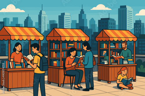 A city skyline serves as the backdrop for a bustling rooftop book fair with numerous stalls, abundant books, and many readers