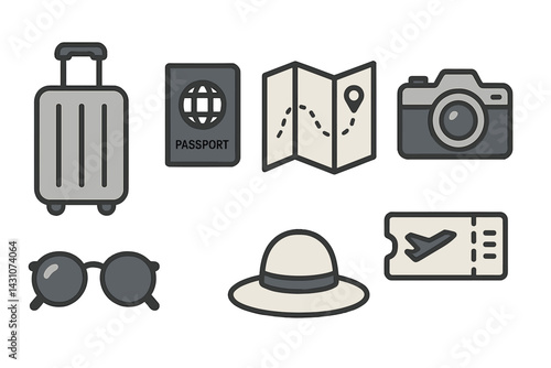 Icons for travel that include a suitcase, passport, and camera